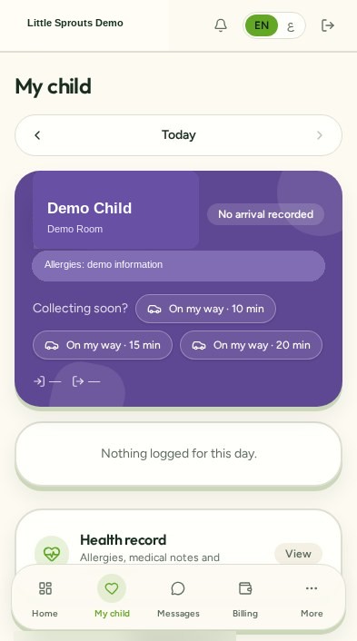 Anonymized Little Sprouts parent product screen