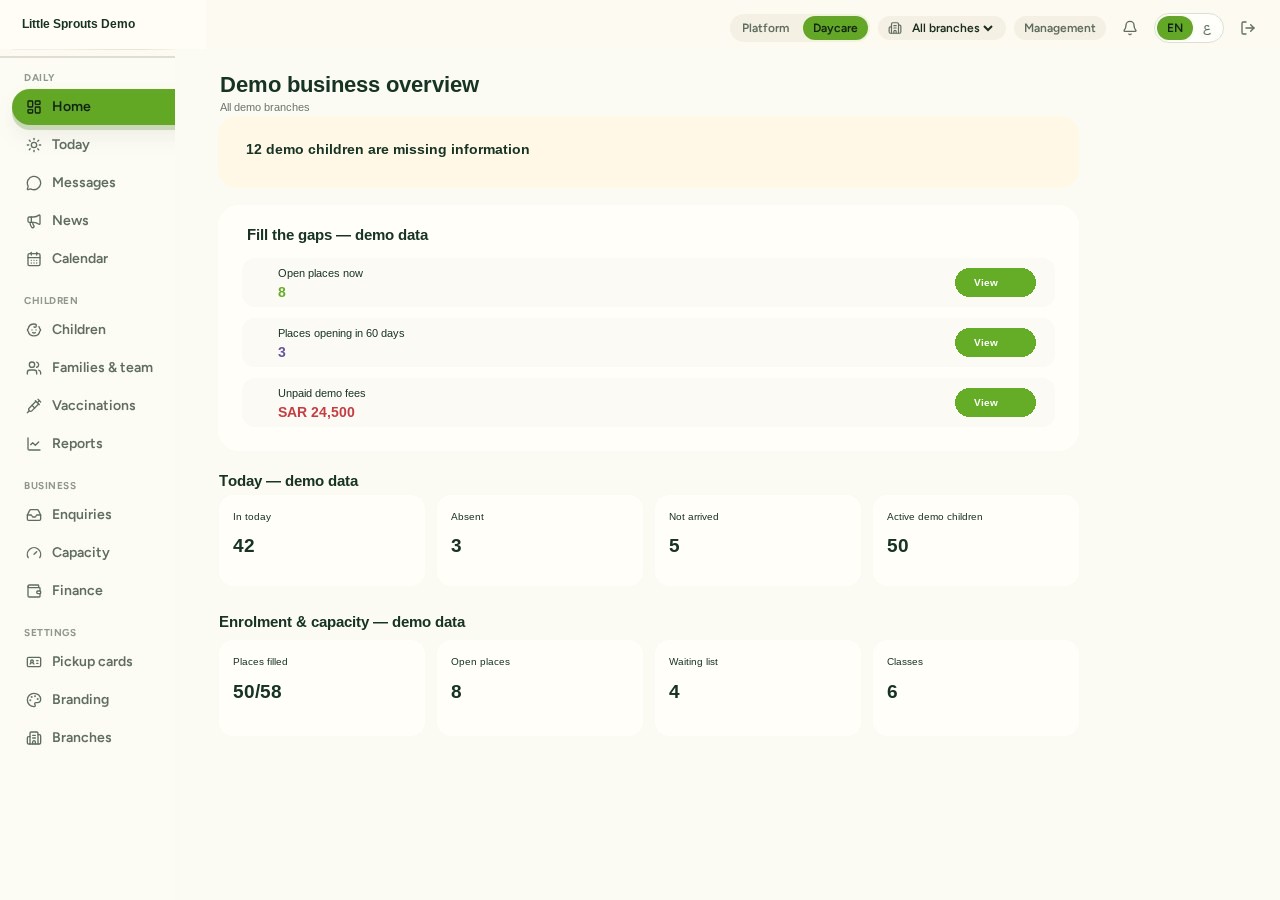 Anonymized Little Sprouts management product screen
